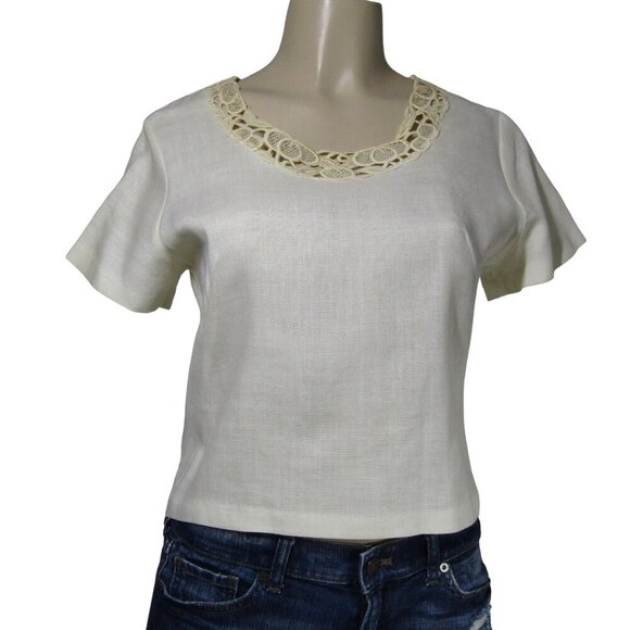 VTG 50s LINEN Blend Beige Lace Cutwork Crop Blouse Demure Mad Men Fairy Mod M - Picture 1 of 6